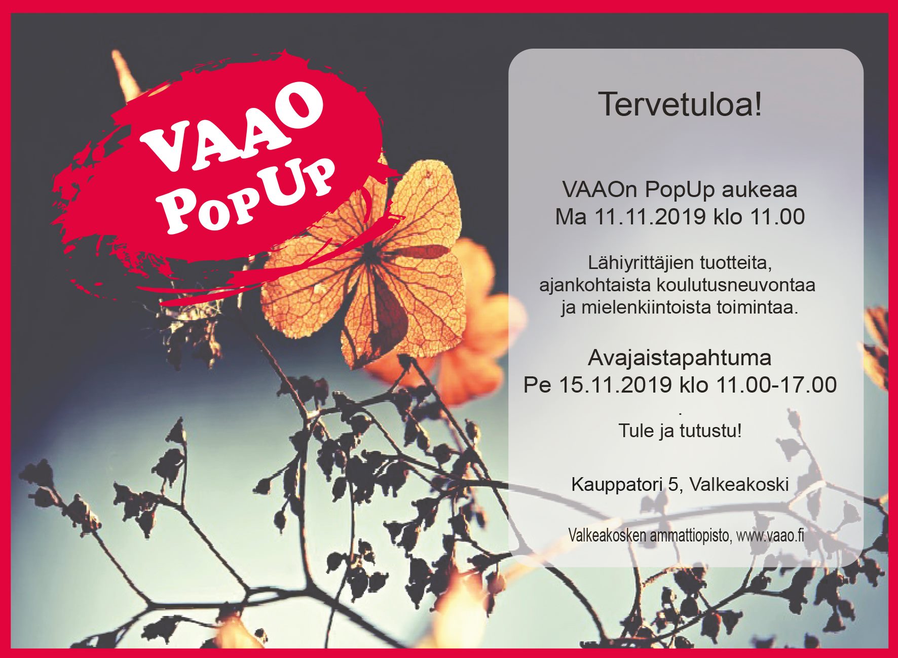 Valkeakosken ammattiopisto, VAAO. VAAO PopUp mainos 11.11.2019.