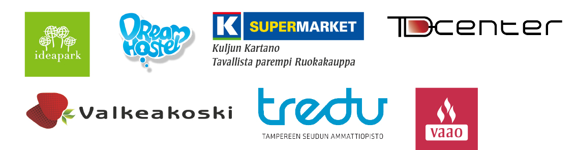 Valkeakosken ammattiopisto, VAAO. Bannerissa seitsemän logoa: ideapark, Dream Hostel, K Supermarket Kuljun Kartano, TD center, Valkeakoski, Tredu Tampereen seudun ammattiopisto ja VAAO.