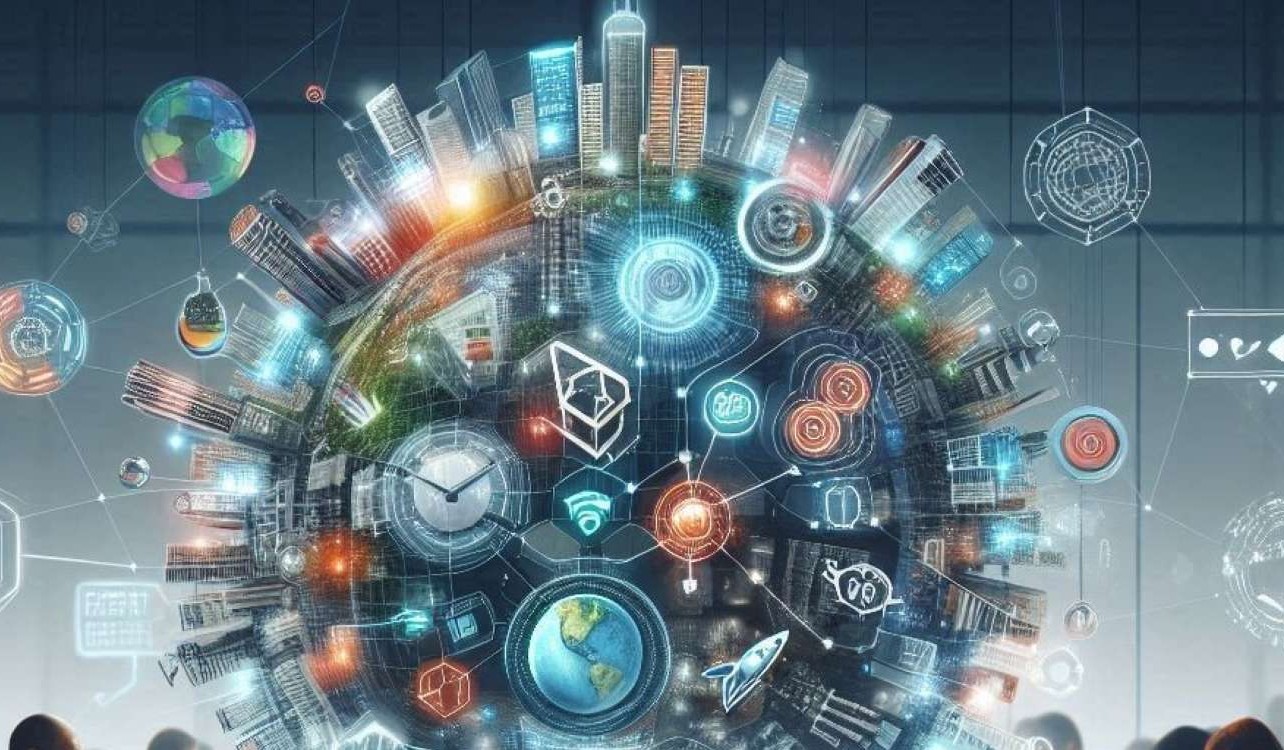 Moderni kuvituskuva teknologiaa pursuavasta maapallosta