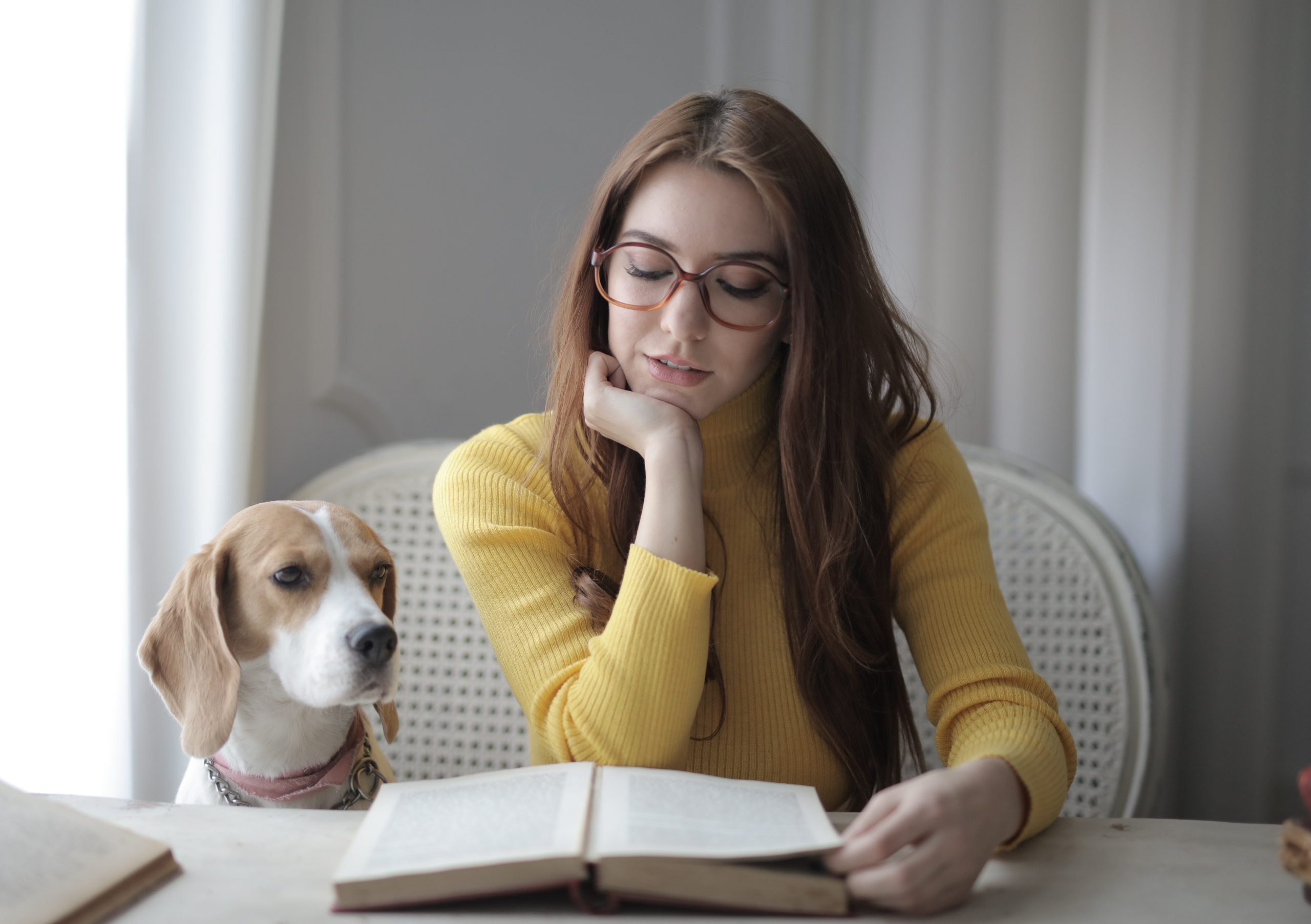 Valkeakosken ammattiopisto, VAAO. Opiskelija lukee kirjaa koira vierellään.